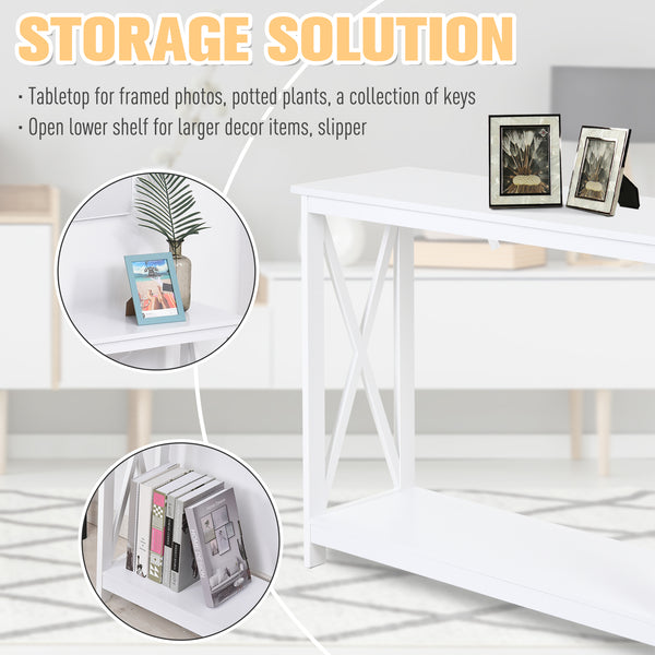 2-Tier Narrow Entryway Console Table, X-Shaped Design, with Storage Shelf for Behind Sofa, Living Room, Hallway, White