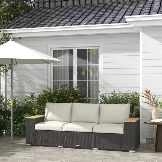 Outsunny 3 Seater Outdoor Sofa with Cushions, Synthetic Rattan Patio Sofa with Woodgrain Armrests, Outdoor Sofa for Porch, Veranda, Garden, Poolside, Cream White