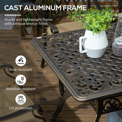 Outsunny 7 Piece Garden Dining Set with Umbrella Hole, Cast Aluminum Outdoor Furniture Set with 6 Padded Chairs and Rectangular Dining Table, for Garden, Lawn and Patio, Khaki