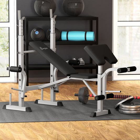 Banc de musculation réglable avec support à squat ,développement des jambes et rangement des poids, gris
