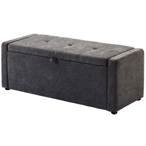 Banc-pouf de rangement avec revêtement en tissu aspect lin, assise large rembourrée, gris foncé