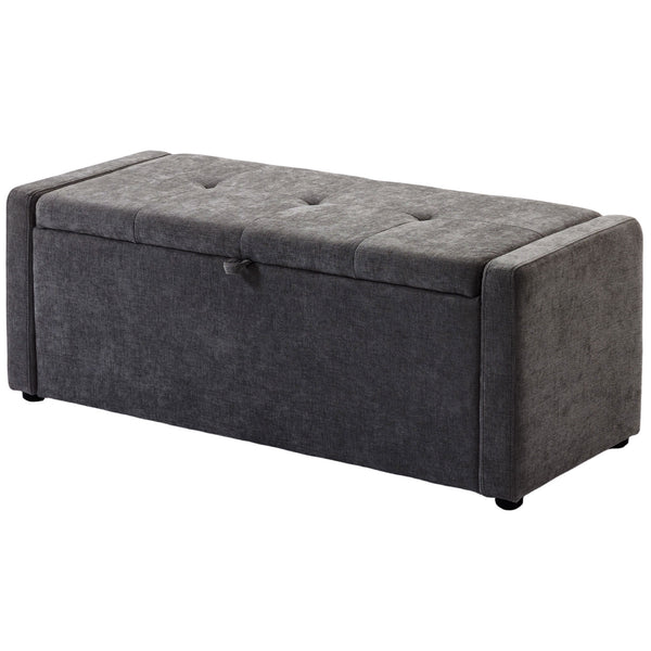 Banc-pouf de rangement avec revêtement en tissu aspect lin, assise large rembourrée, gris foncé