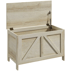 Farmhouse-style storage chest with safety hinge