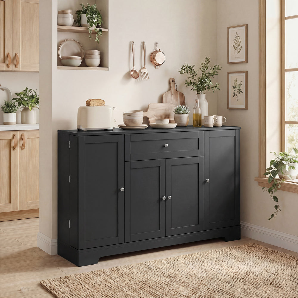 Meuble de rangement de cuisine moderne avec tiroir, étagères réglables avec supports de porte, noir