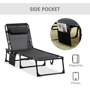 Chaise longue pliante avec dossier réglable et coussin amovible, noir