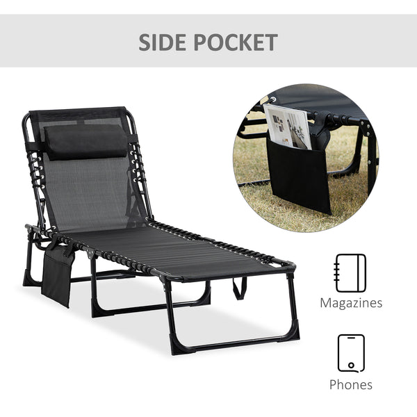 Chaise longue pliante avec dossier réglable et coussin amovible, noir