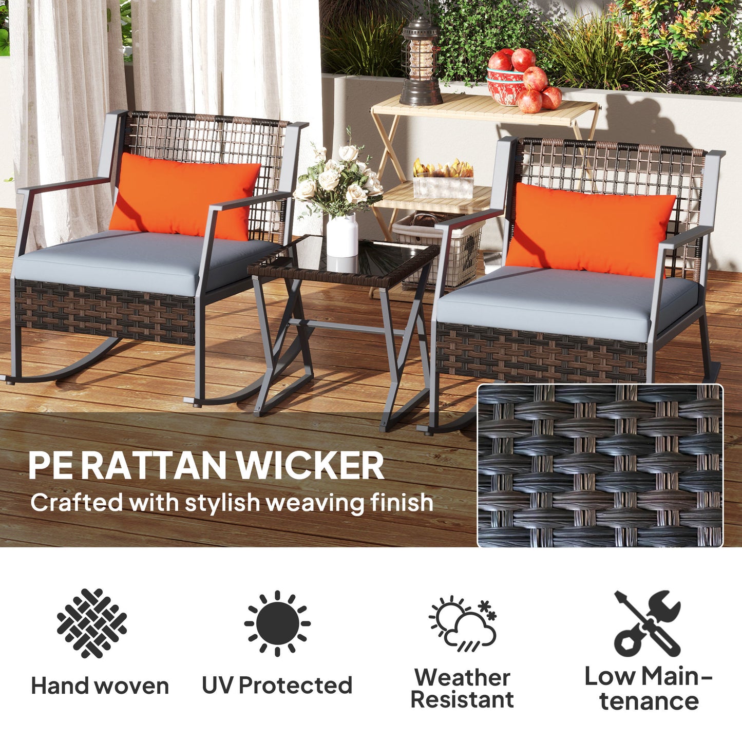 Outsunny 3 Pieces Rocking Bistro Set, Wicker Patio Furniture Set with Cushions and Glass Table for Porch, Balcony, Gray |