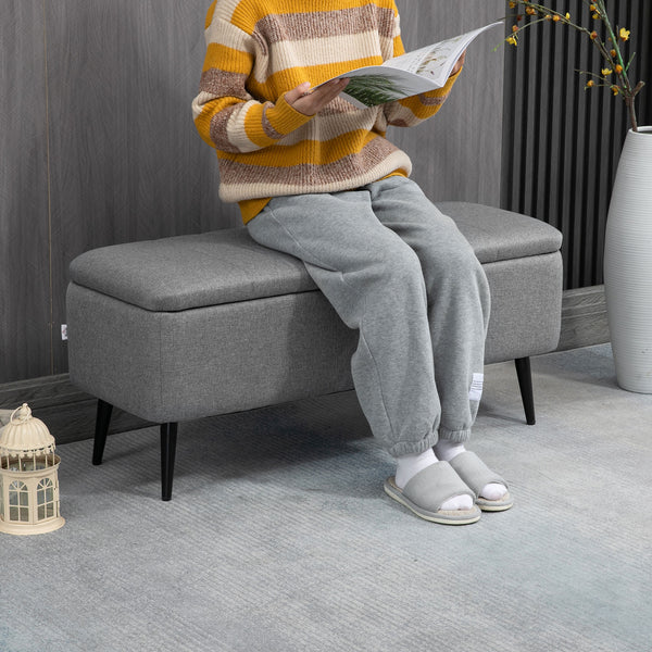 Pouf avec rangement rembourré en lin avec pieds en acier, gris