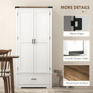Country style pantry cabinet with 2 doors, drawer and adjustable shelves, white