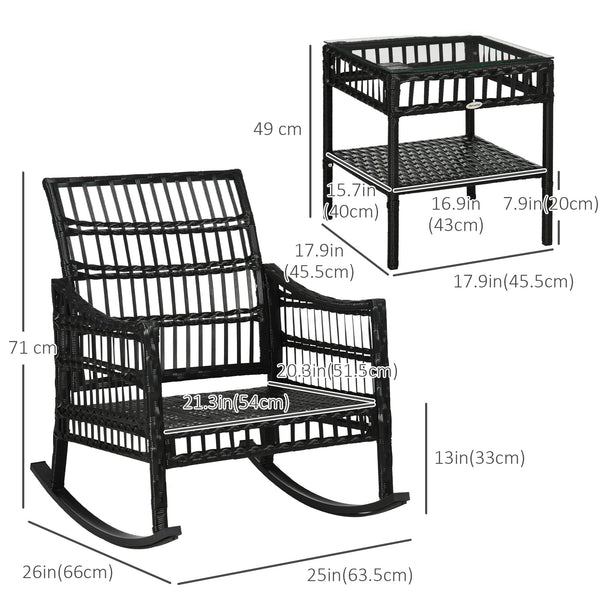 Ensemble bistro avec 2 fauteuils à bascules en rotin PE et une table en verre trempé