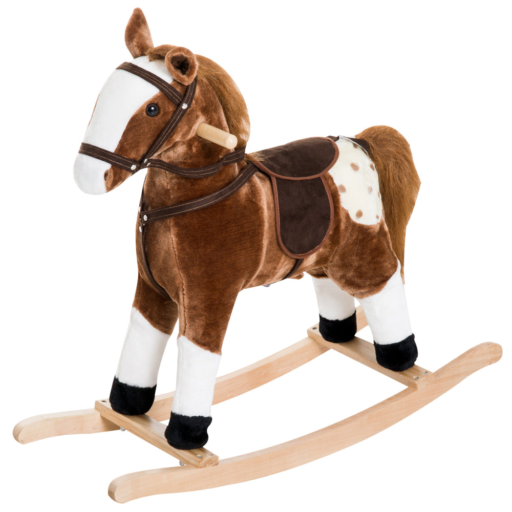 Kids Plush Rocking Horse Ride-On Toy with Realistic Sound (Brown)