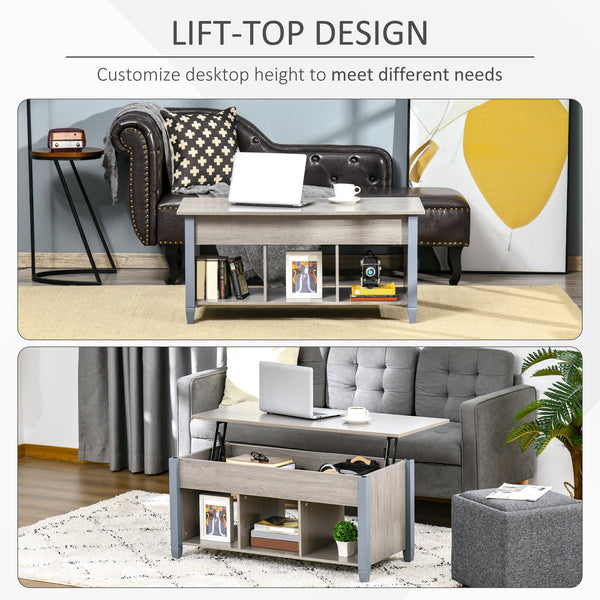 Table basse relevable avec compartiment dissimulé et 3 étagères inférieures gris