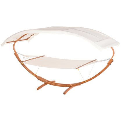 Ensemble hamac-lit et support pour 2 personnes avec baldaquin en bois, blanc/teck