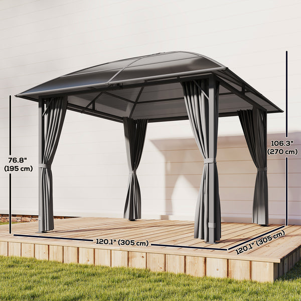 Gazebo toit rigide 10 pi x 10 pi avec structure en acier, crochet central et rideaux, gris clair, en polycarbonate anti-UV50+.