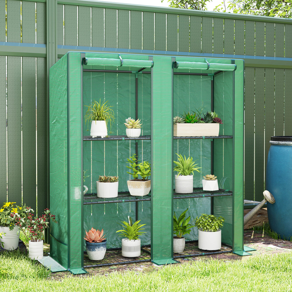 Lean-to greenhouse with 3-tier shelves, green