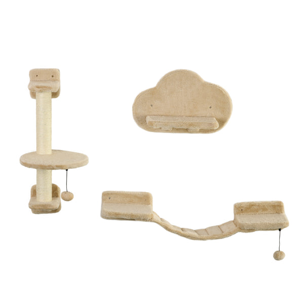 Wall-mounted cat tree with scratching post, ladder, perches and cloud-shaped shelves, beige