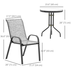 3 Pieces Bistro Set, Small Patio Furniture Set with Stackable Mesh Chairs, Glass Table for Garden, Balcony, Grey
