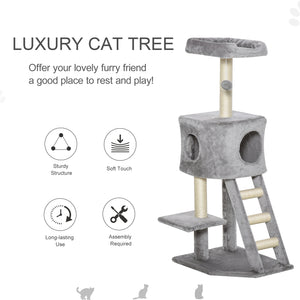Arbre à chat de 119 cm de haut avec niche, échelle, griffoirs et boule suspendue, gris clair