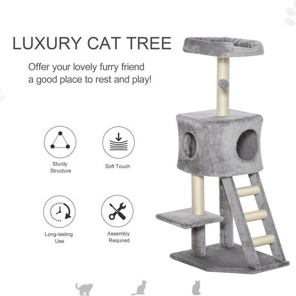 Arbre à chat de 119 cm de haut avec niche, échelle, griffoirs et boule suspendue, gris clair