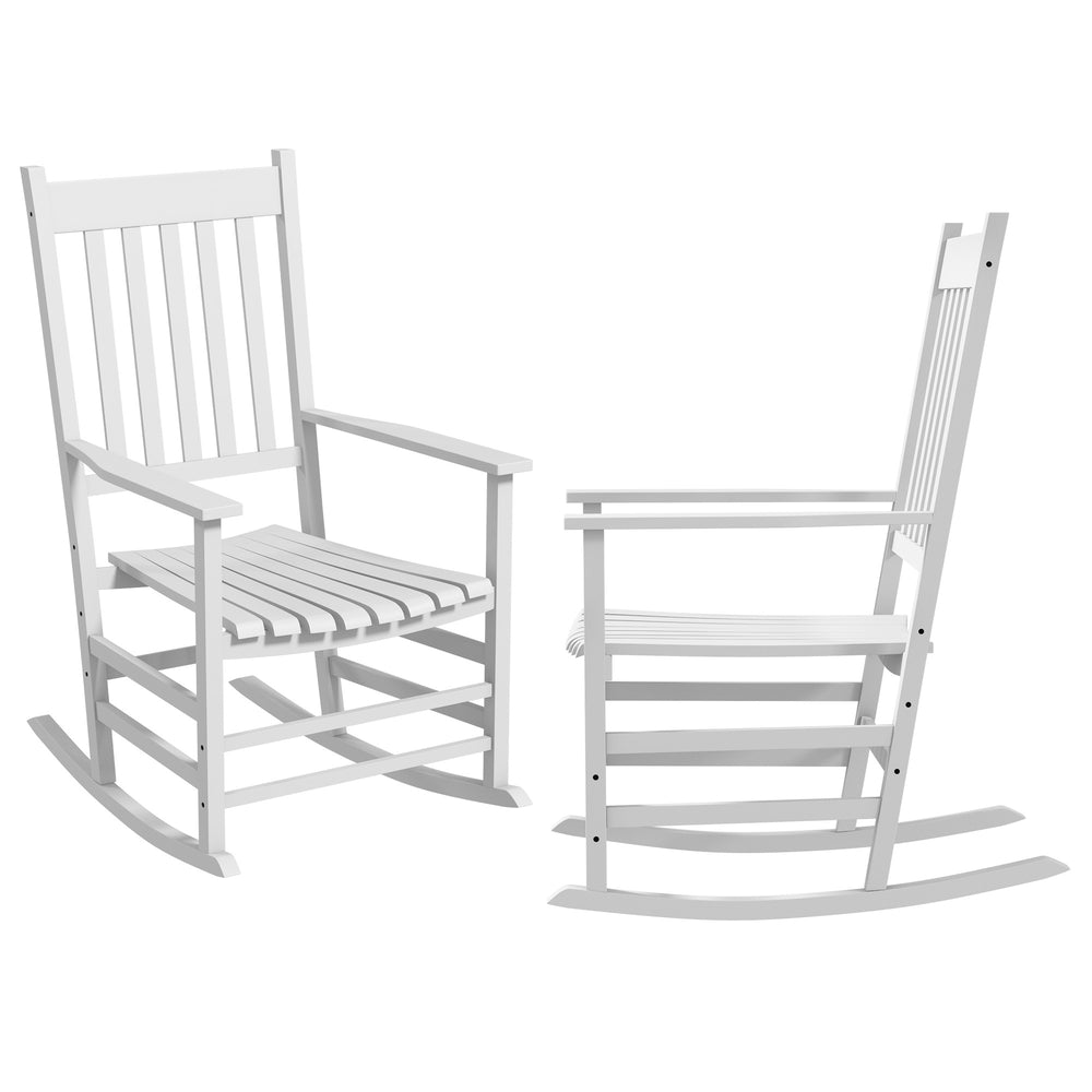 Wooden Patio Rocking Chairs Set of 2, Outdoor Rocker Chairs with Wide Armrests, High Back for Garden, Balcony, White