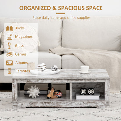 Table basse de style vintage avec armoire, compartiments de rangement ouverts, blanc