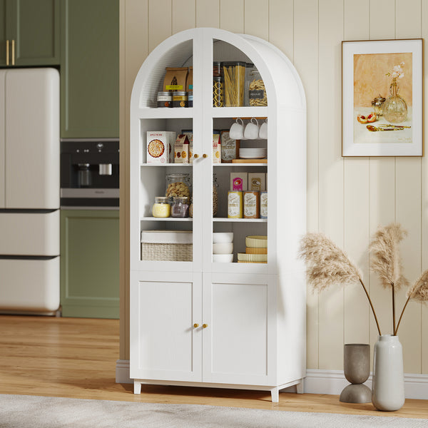 Arched Kitchen Pantry Cabinet, 71" Tall Farmhouse Kitchen Storage Cabinet with Acrylic Glass Doors, White