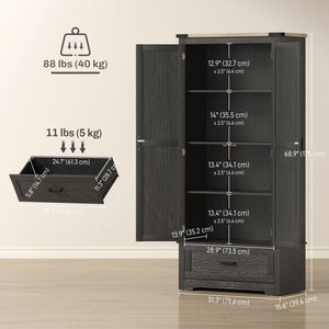 Farmhouse style kitchen cabinet with 2 doors, one drawer and adjustable shelves, black and brown