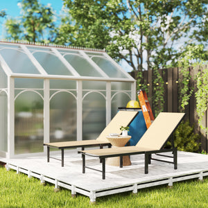 Outdoor Lounge Chair Set of 2, 5-Position Reclining Outdoor Chaise Lounge Tanning Chair with Mesh Seat, Khaki