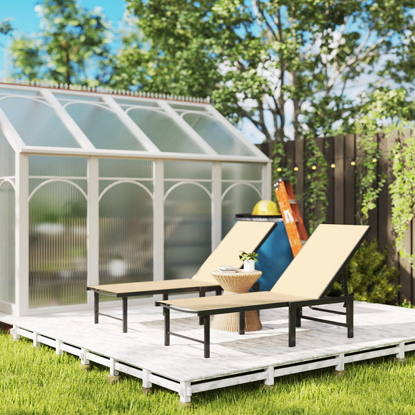 Outdoor Lounge Chair Set of 2, 5-Position Reclining Outdoor Chaise Lounge Tanning Chair with Mesh Seat, Khaki