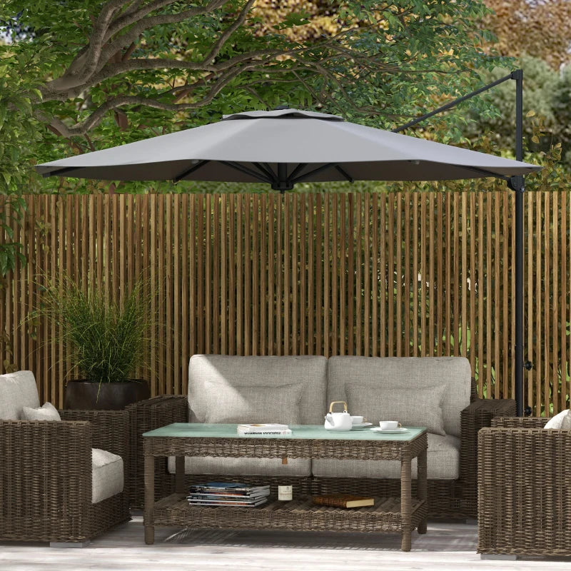 Outsunny Sunshade Sanctuary: 10FT Offset Cantilever Umbrella with 360° Rotating Aluminum Frame, Crank Lift 8 Ribs Cross Base Gray |