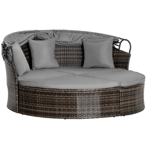 Chaise longue d'extérieur 2 pièces en rotin avec auvent rétractable avec coussins et oreillers, gris mélangé