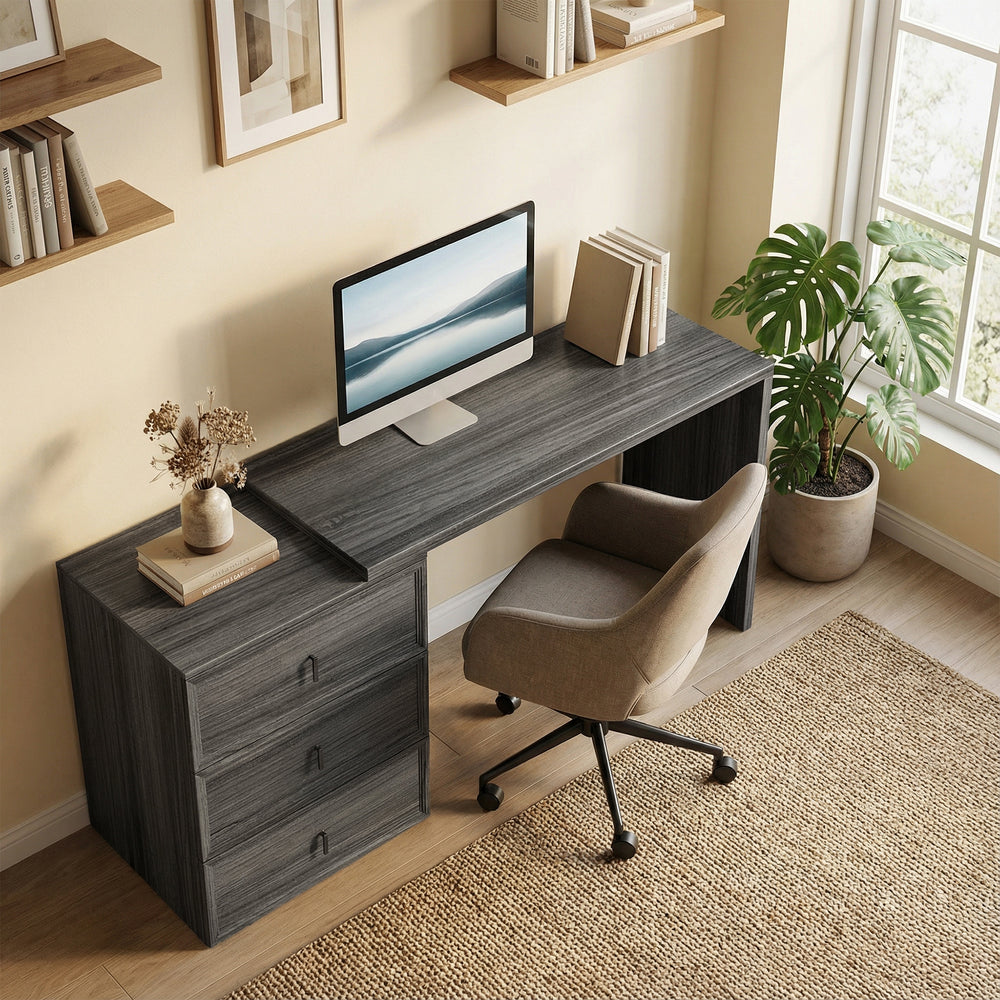 Bureau d’ordinateur convertible droit ou en L avec 3 tiroirs et grand espace de travail – Gris foncé