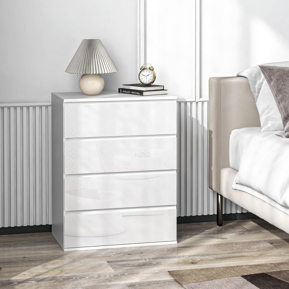 Commode 4 tiroirs, finition brillante, avec glissières métalliques et poignées rainurées, blanc