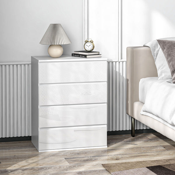 Commode 4 tiroirs, finition brillante, avec glissières métalliques et poignées rainurées, blanc