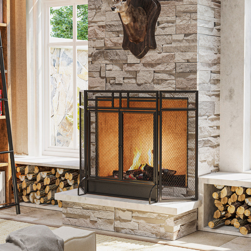 Pare-étincelles décoratif à 3 panneaux en acier grillagé avec portes doubles, noir