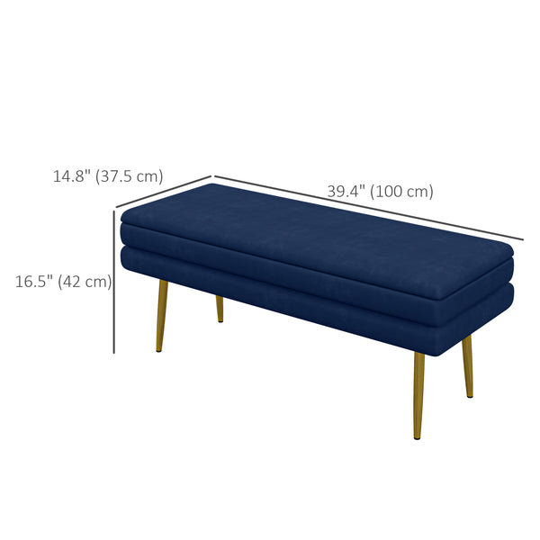 Pouf de rangement en velours avec pieds en acier, bleu