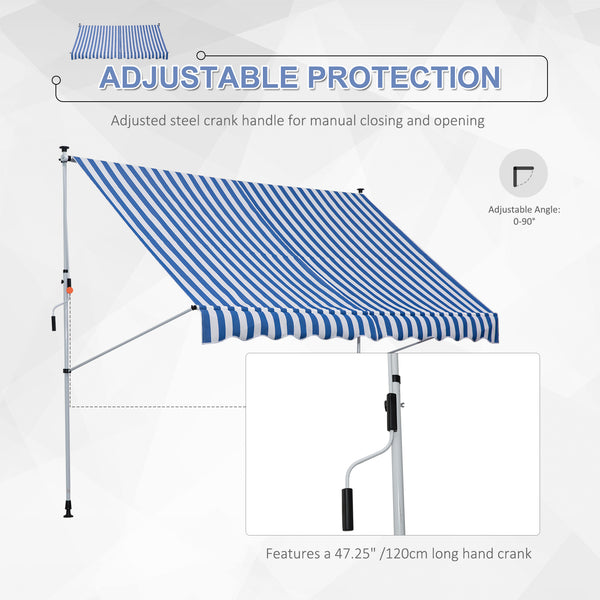 10x5ft Manual Retractable Awning, Patio Sun Shade Canopy Shelter with 5.6-9.2ft Support Pole, Water Resistant UV Protector, for Window, Door, Porch, Deck, Blue