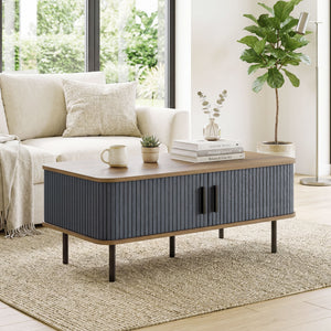Nordic Side Table with Fluted Tambour Sliding Doors and Steel Legs, Coffee Table with Storage for Living Room, Black