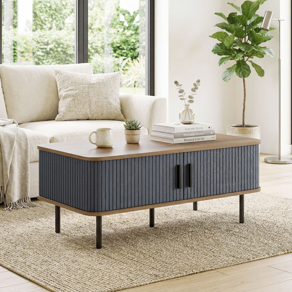 Nordic Side Table with Fluted Tambour Sliding Doors and Steel Legs, Coffee Table with Storage for Living Room, Black