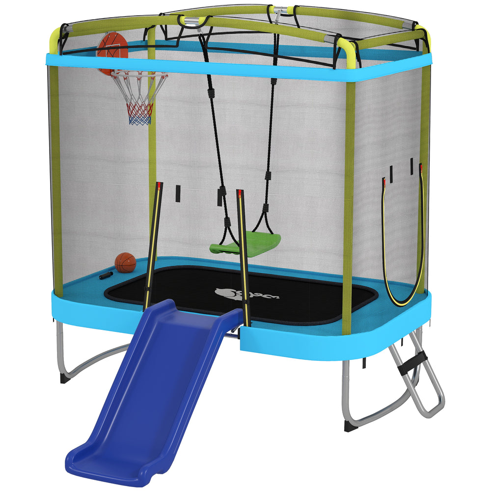 Trampoline with slide, swing, basketball hoop and safety net, light blue 