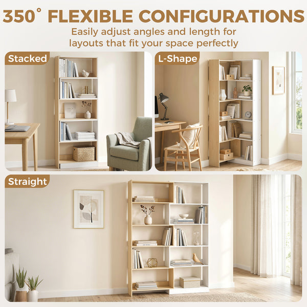 Bibliothèque en L à 5 niveaux avec rotation à 350°, design bicolore, bois fruitier/blanc