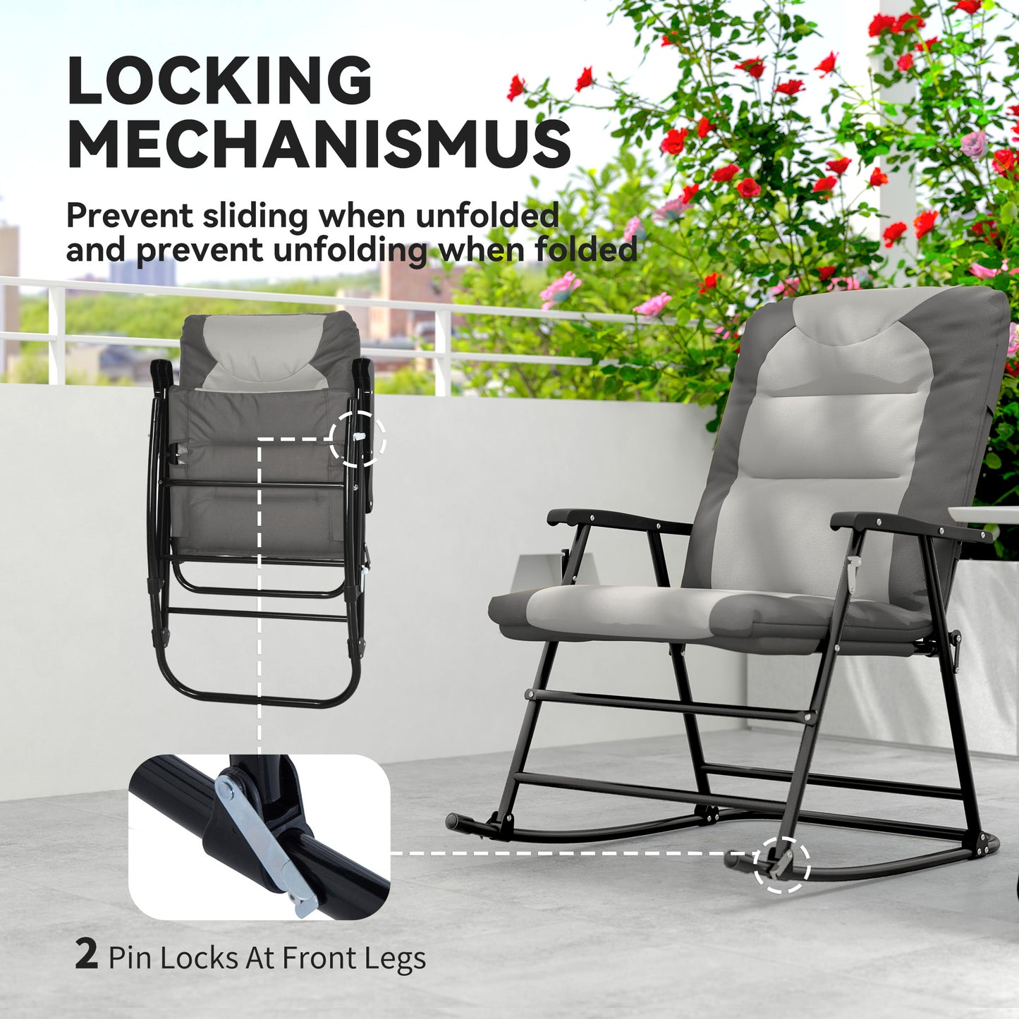 Outsunny Set of 2 Padded Folding Rocking Chairs with Armrests, Light Grey