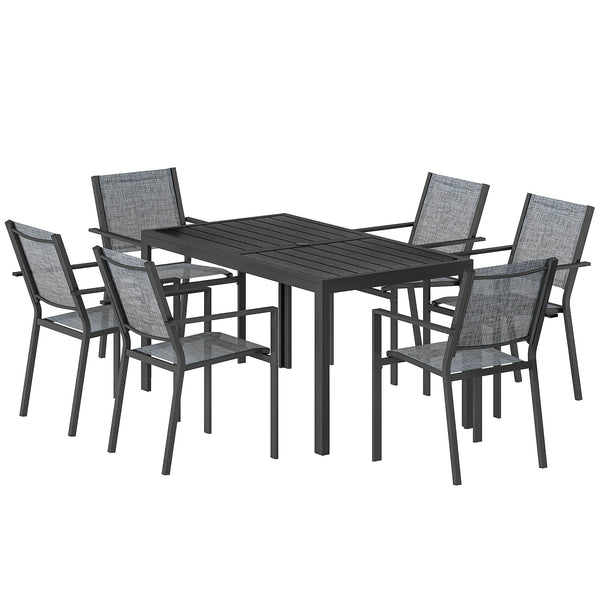 6-Seater Outdoor Dining Set, Metal Wood-Look Patio Table and Stackable Chairs, Black