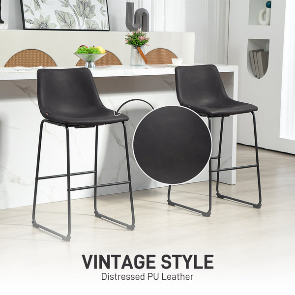 Ensemble de 2 tabourets de bar style vintage en similicuir, avec repose-pieds, marron foncé.