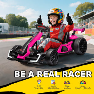 24V Electric Go Kart with Adjustable Seat, Seat Belt, Horn, Pink