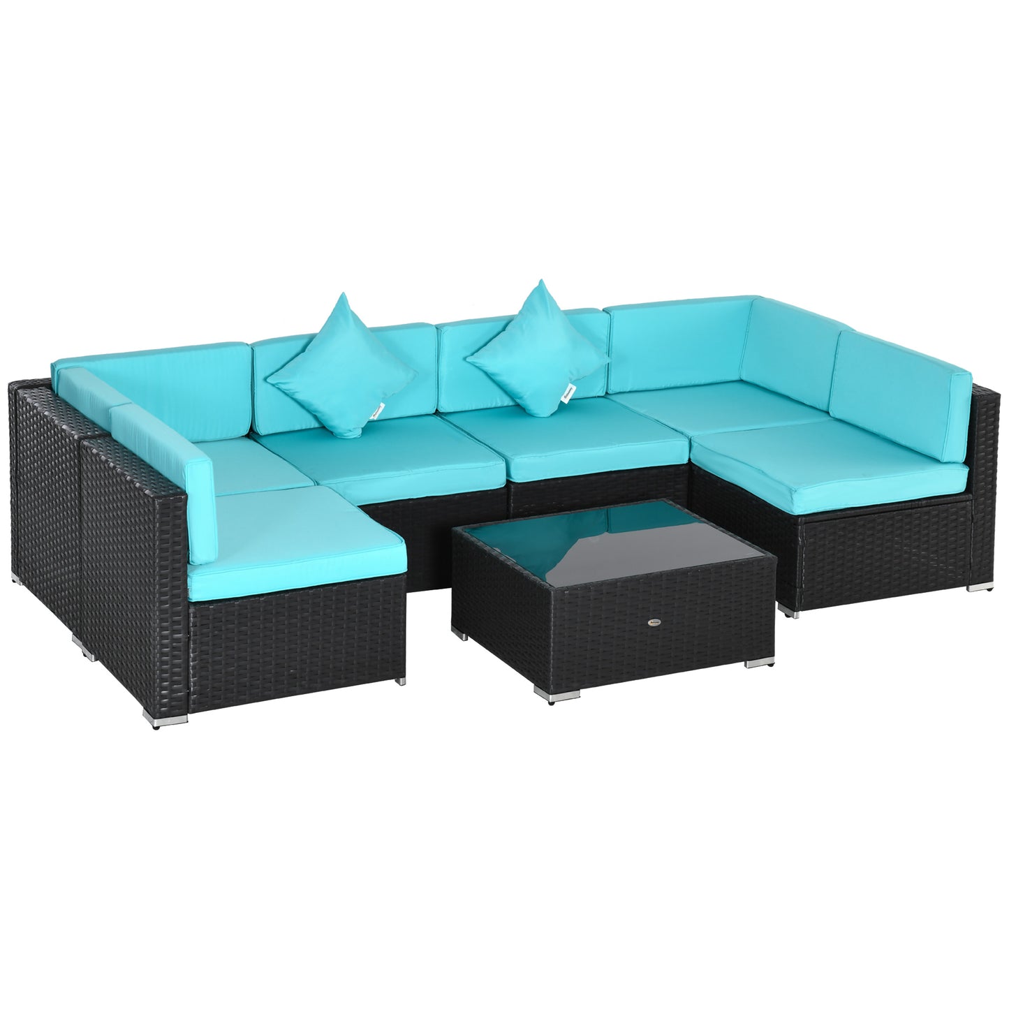 Outsunny 7-Piece Wicker Garden Sofa Set, Sectional Patio Furniture, Dark Coffee and Light Blue
