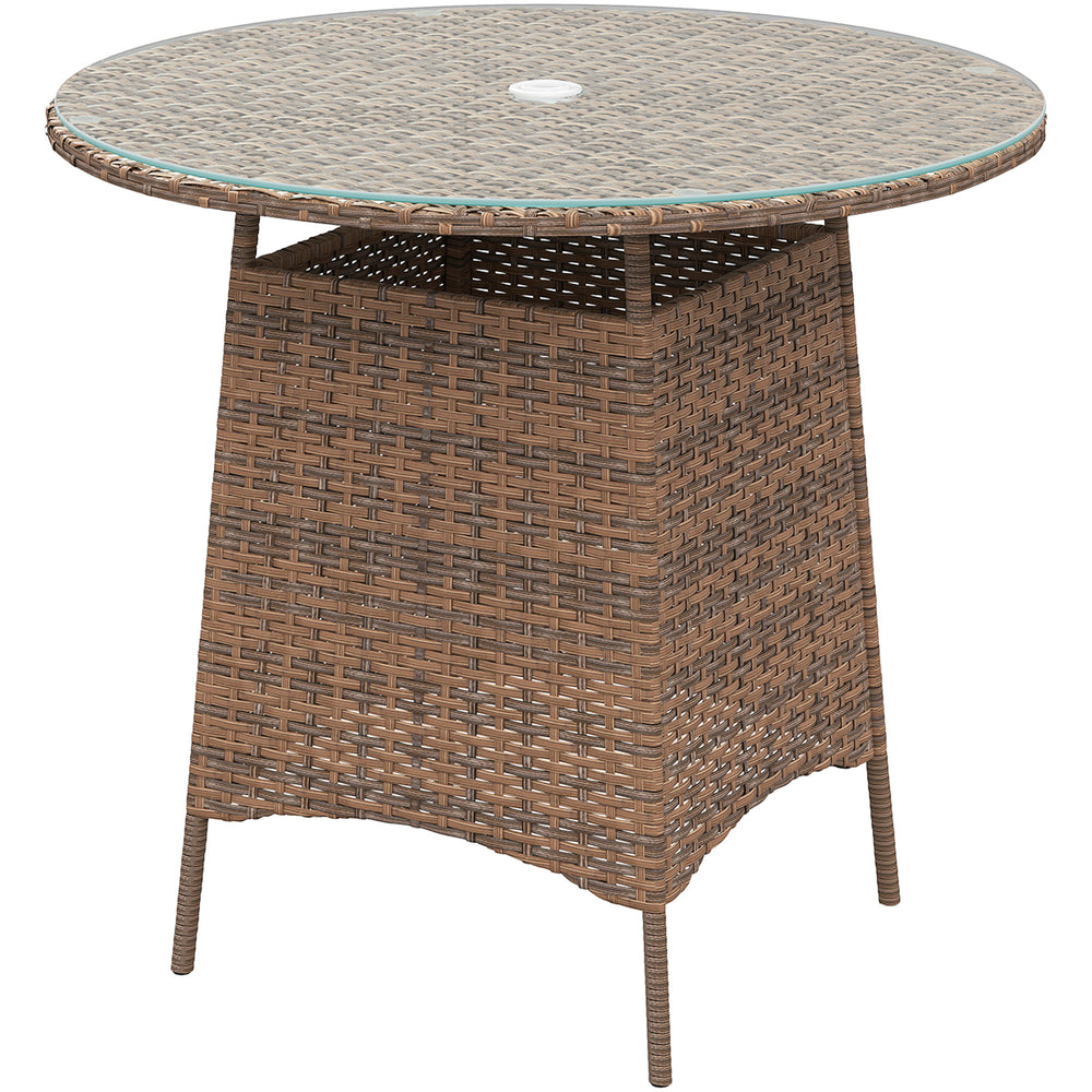 Table de jardin ronde avec trou pour parasol, table basse bistro avec plateau en verre trempé, marron