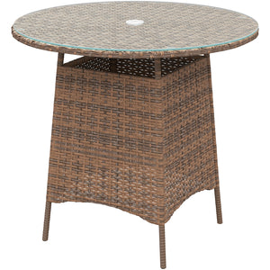 Table de jardin ronde avec trou pour parasol, table basse bistro avec plateau en verre trempé, marron