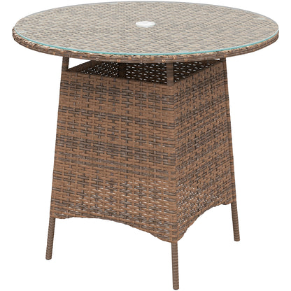 Table de jardin ronde avec trou pour parasol, table basse bistro avec plateau en verre trempé, marron