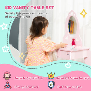 Coiffeuse pour enfants avec miroir et tabouret, rose